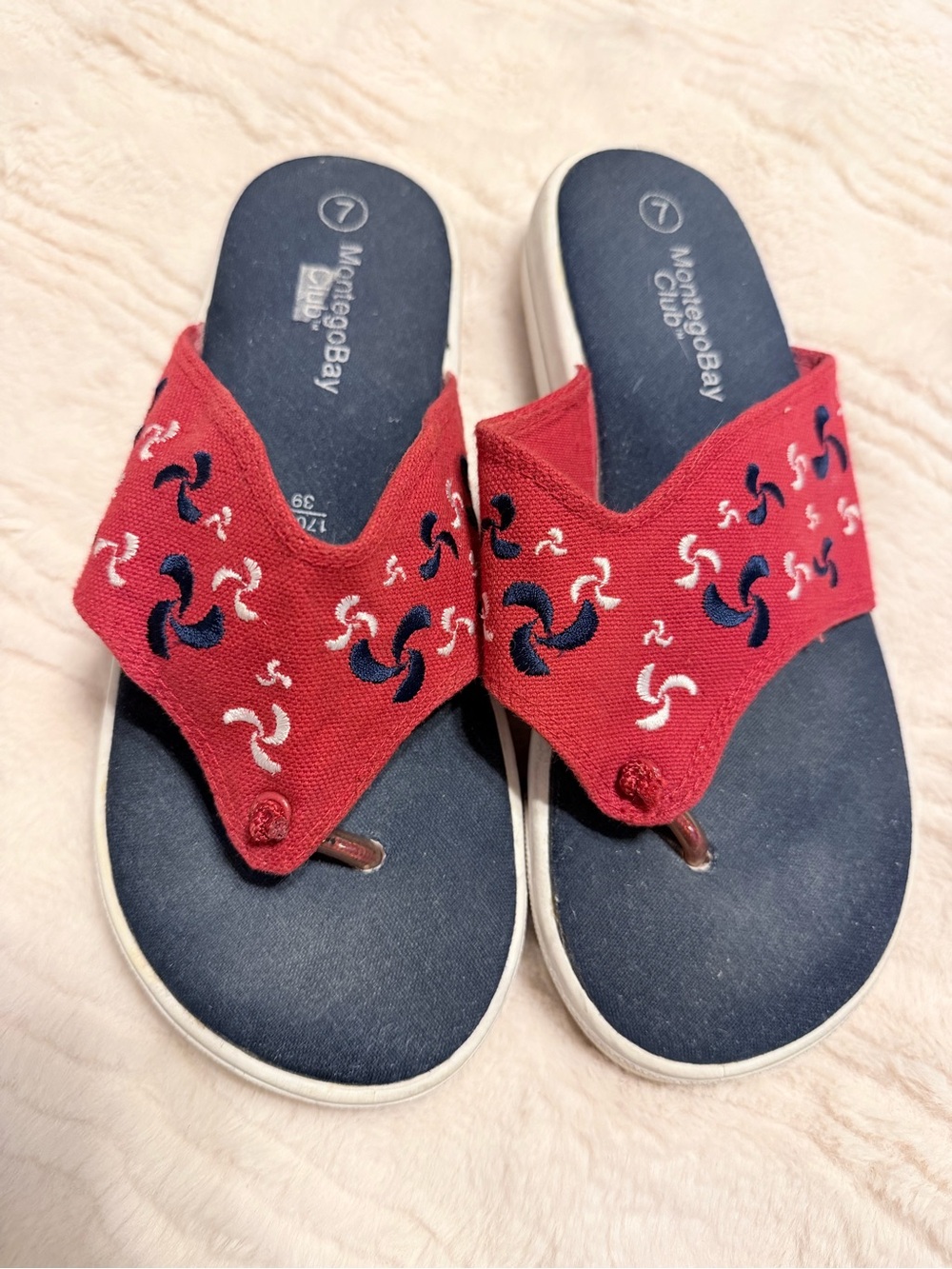 Montego Bay Club Red and Navy Embroidered Thong Sandals